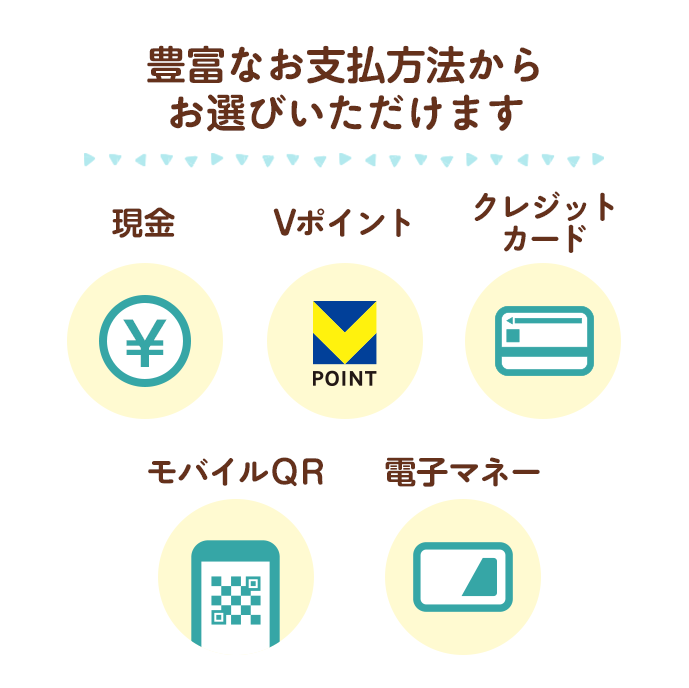 豊富なお支払方法からお選びいただけます。現金、Vポイント、クレジットカード、モバイルQR、電子マネー