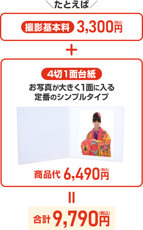 例えば撮影基本料税込3,300円+単品商品orセット商品