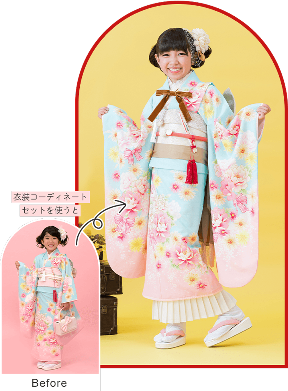 衣装コーディネートを使用したビフォーアフター画像