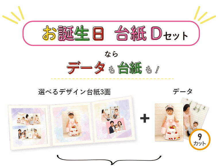 お誕生日限定Dセットならデータも台紙も!選べるデザイン台紙3面+データ9カット